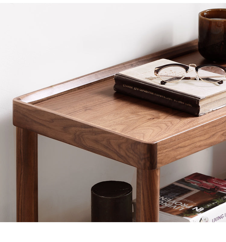 Black Walnut Solid Wood Side Table, Double Layer Storage Shelf