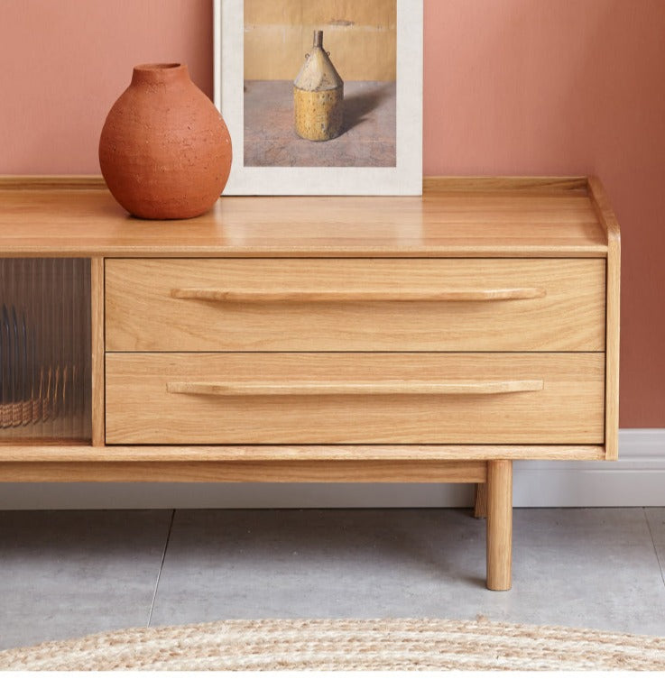 Oak solid wood TV stand sliding door"