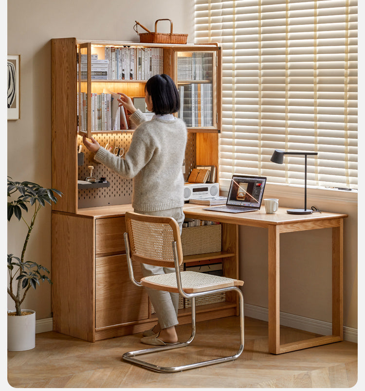 Oak Solid Wood Desk Bookcase Integrated Corner Office Table