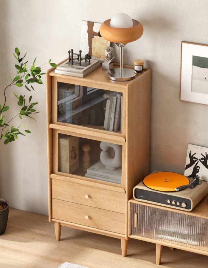 Oak, Ash Solid Wood Flip Door Side Cabinet LED Light