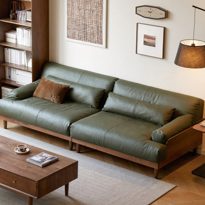 Black Walnut, Oak Solid Wood Leather Down Sofa.