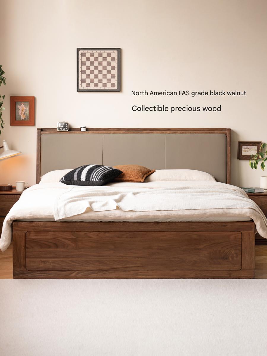 Black Walnut Solid Wood leather soft Drawer Box Bed Nordic