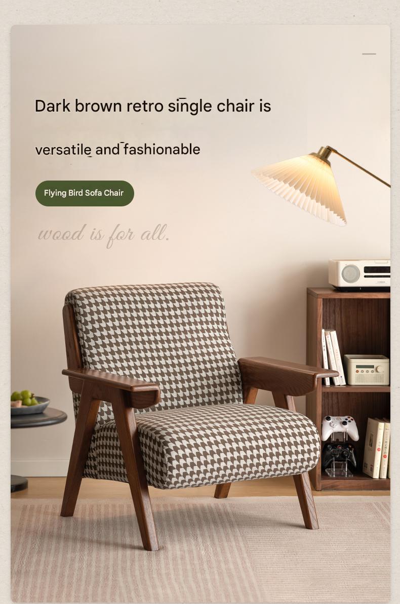 Oak Solid Wood Mid-Century Accent Chair with Houndstooth Upholstery