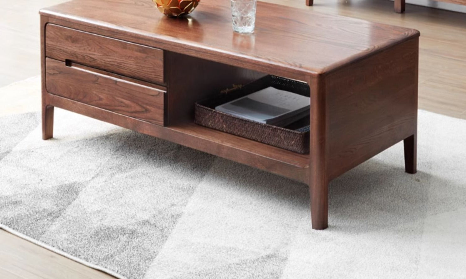 Oak, Solid Rubberwood Coffee Table Three Drawers