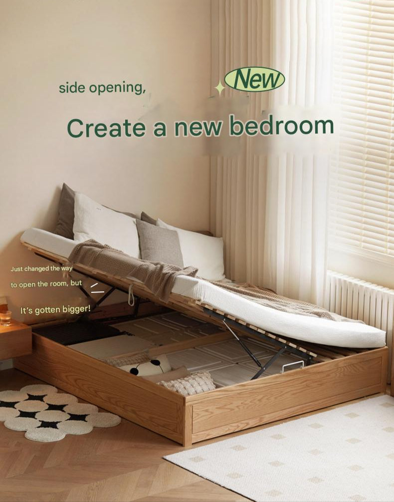 Oak, Rubberwood Solid Wood Platform Bed, Headboard-Free Box Bed