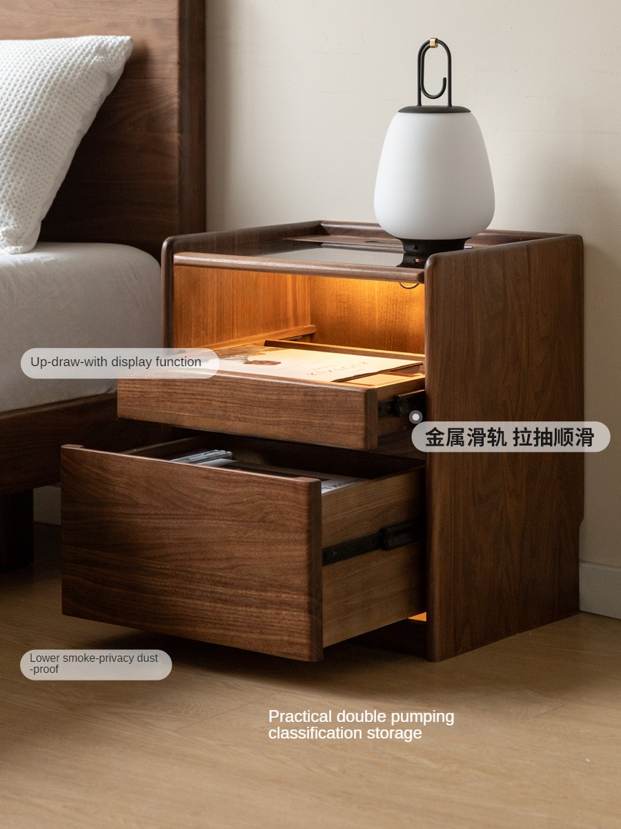 Black Walnut, Oak, Sandalwood Solid Wood Nightstand Socket, Lamp