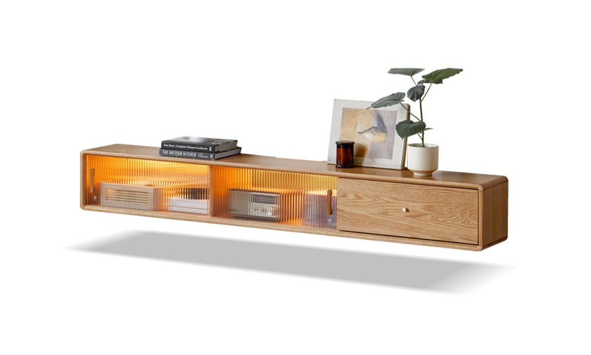 Oak solid wood suspended TV cabinet glass sliding door LED lights"+