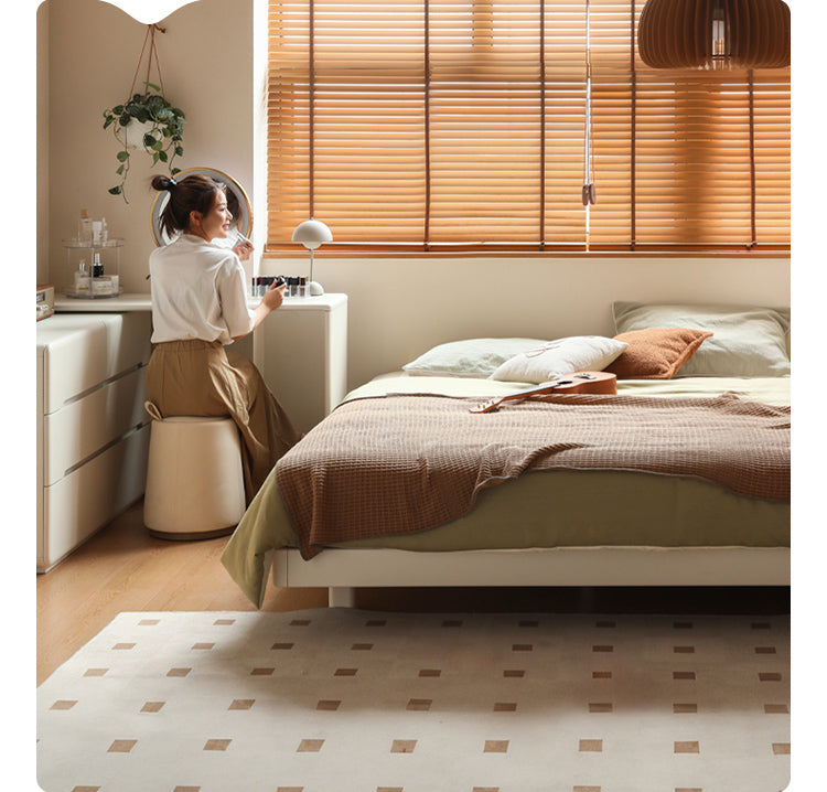 Rubberwood Solid Wood White Cream Platform Bed, Headboard-Free Bed