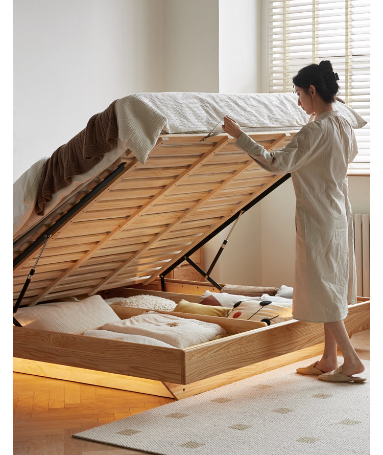 Oak,Black Walnut Solid Wood Suspended Luminous Box Bed
