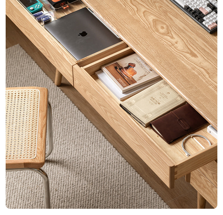 Ash Solid Wood Retractable Desk with Cabinet, Home Office