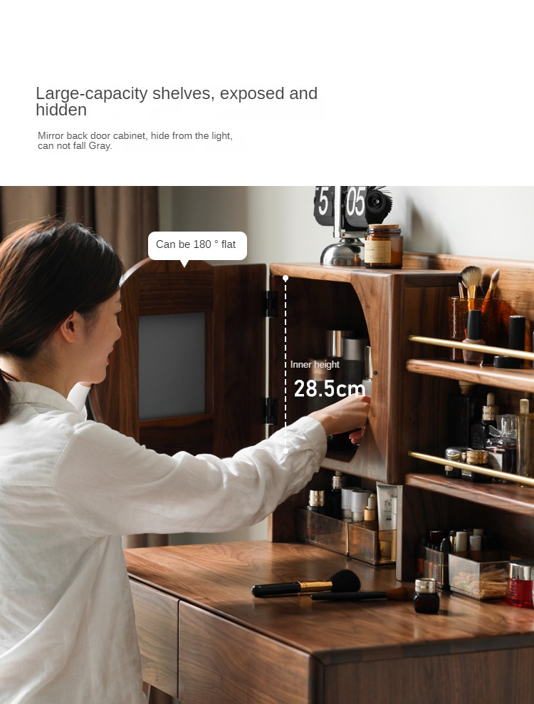 Black Walnut, Sandalwood Solid Wood Moon Makeup Mirror Vanity Table.