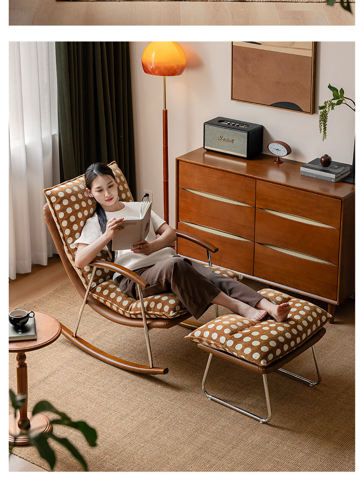 Fabric medieval style rocking chair.