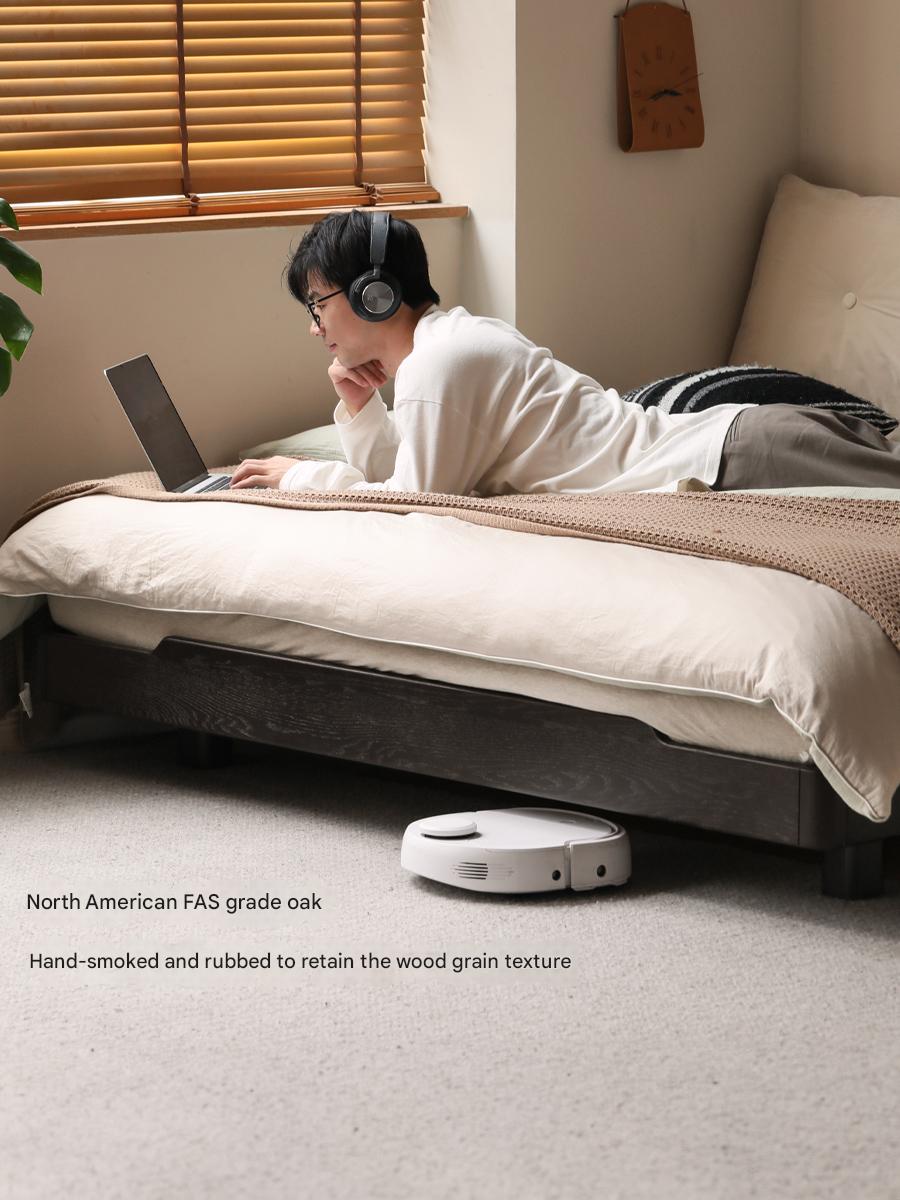 Oak, Rubberwood, Ash Solid Wood Suspended Platform Bed, Headboard-Free Bed Black with Light