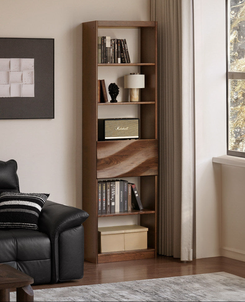 Black Walnut Solid Wood Bookshelf with Combination Storage and Display Shelves