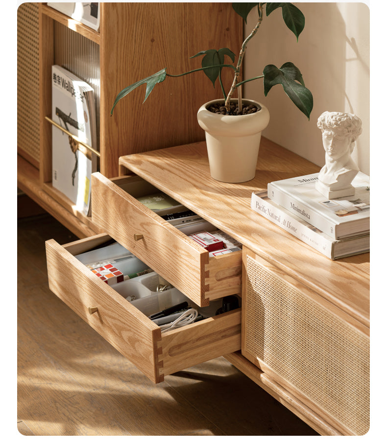 Oak Solid Wood Rattan TV Cabinet