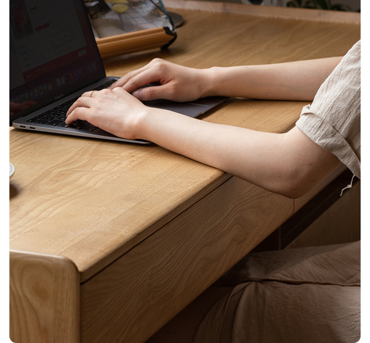 Ash Solid Wood Retractable Desk with Cabinet, Home Office