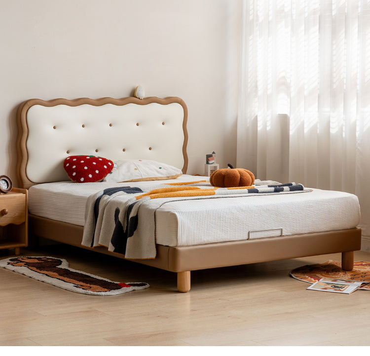 Beech Solid Wood Children's Organic Leather Soft High Headboard Biscuit Bed