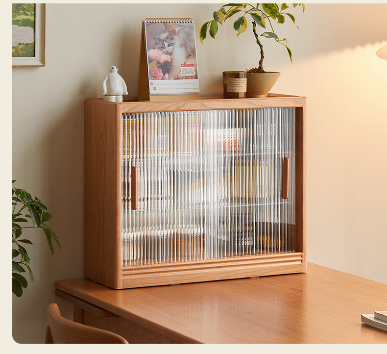 Cherry Solid Wood Glass Sliding Door Sideboard.