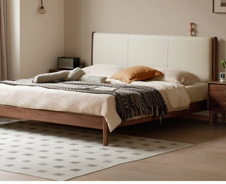 Oak,Black Walnut Solid Wood Top-Grain Cowhide Leather Bed