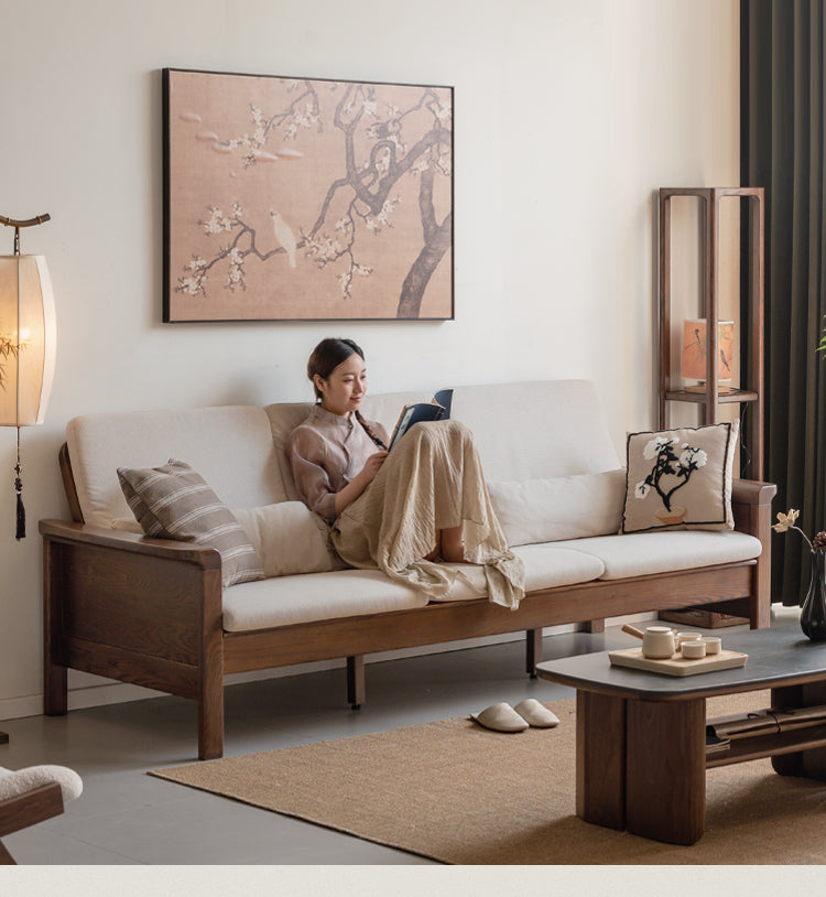 Ash Walnut Colored Straight Fabric Sofa.