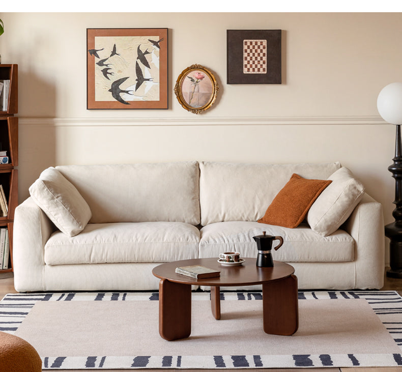 Fabric Sofa Straight Sofa White Cream Style.