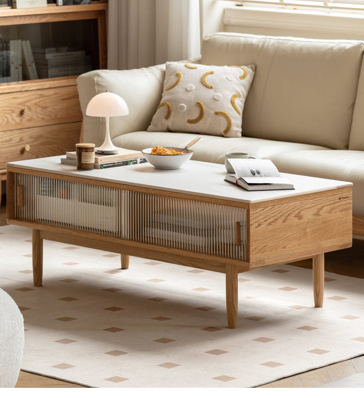 Oak, Beech, Solid Rubberwood Glass Doors Coffee Table