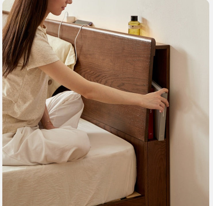 Oak, Rubberwood Solid Wood, Multifunctional Storage Box Bed