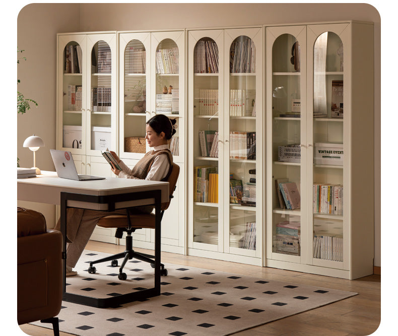 Poplar Solid Wood Bookcase White With Glass Door Whole Wall Combination French Cream Style