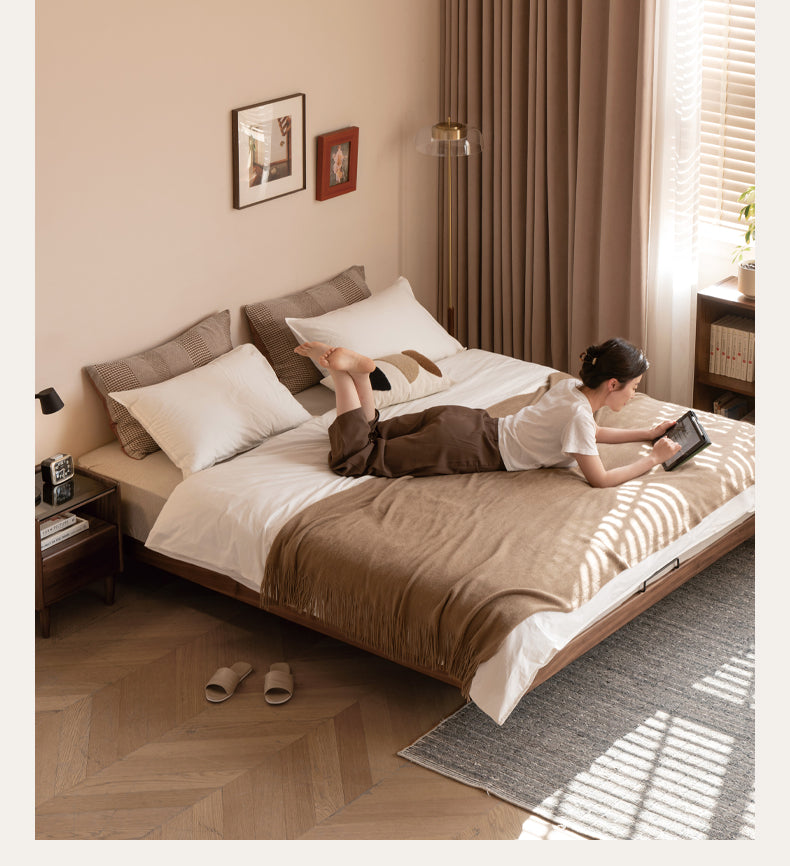 Black Walnut, Oak Solid Wood platform bed, headboard-free Suspended Bed