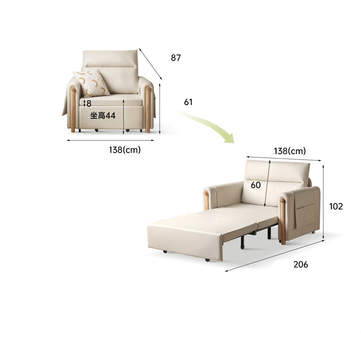 Fabric Sleeper sofa Ash solid wood+