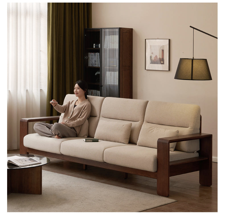 Oak Solid Wood High Back Fabric Corner Sofa Modern.