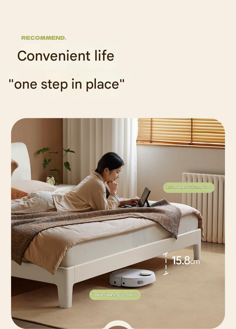 Rubberwood Solid Wood Upholstered Platform Bed with Cushioned Headboard, White