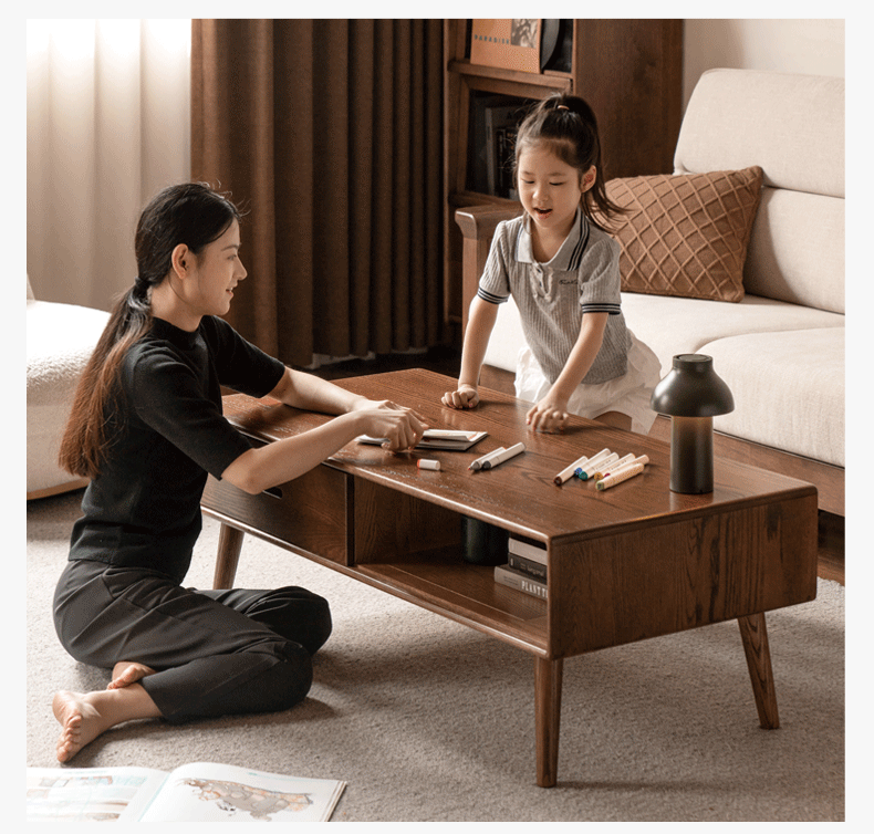 Oak, Solid Rubberwood Two-Drawer Coffee Table Walnut Color