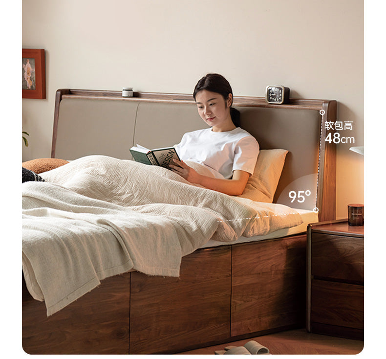 Black Walnut Solid Wood Leather Soft Drawer Box Bed Nordic