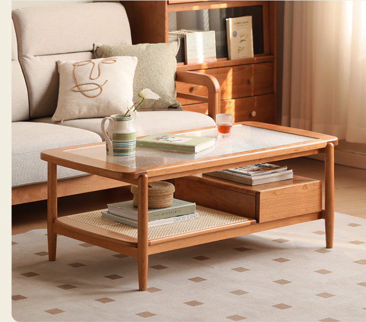 Cherry Solid Wood Coffee Table Glass, Rattan
