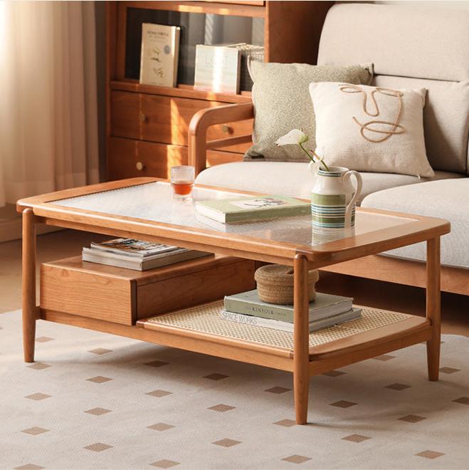 Cherry Solid Wood Coffee Table Glass, Rattan
