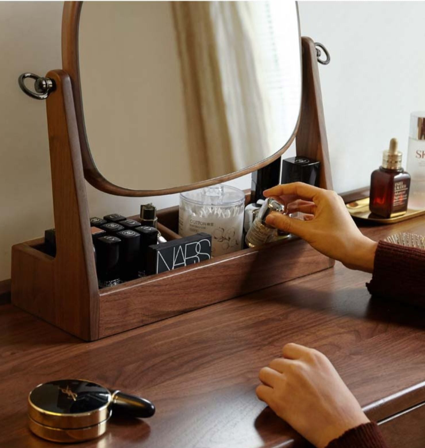 Black Walnut Solid Wood Makeup Mirror Storage Box Degree Rotation