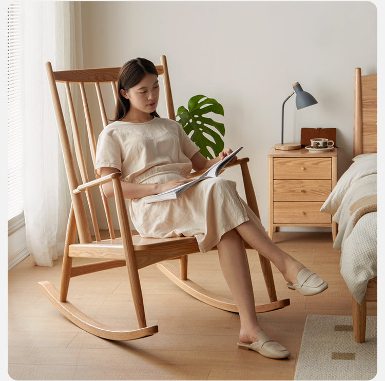 Oak Solid Wood Genuine Leather Rocking Chair :