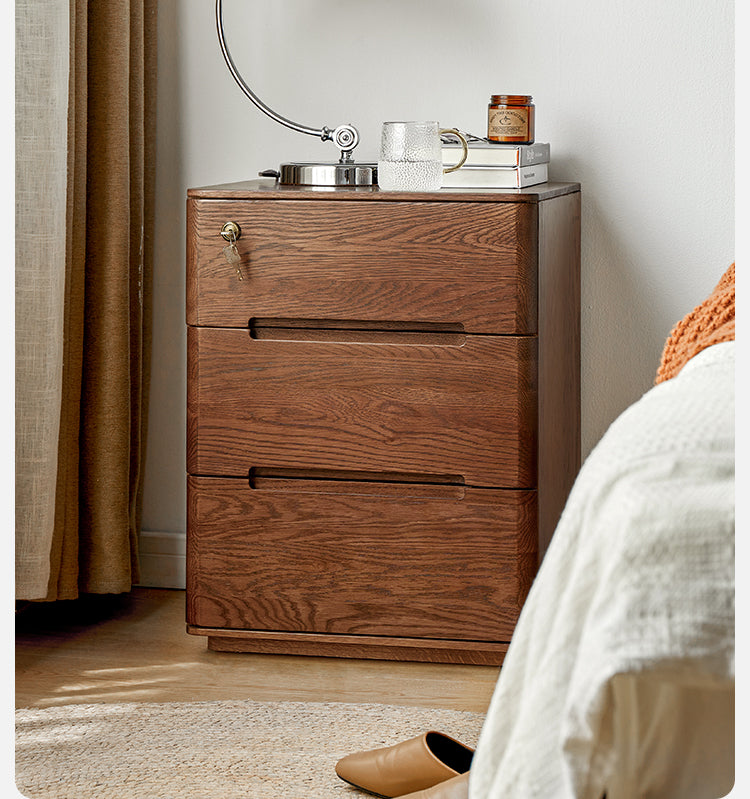 Oak Solid Wood Nightstand with Lock.