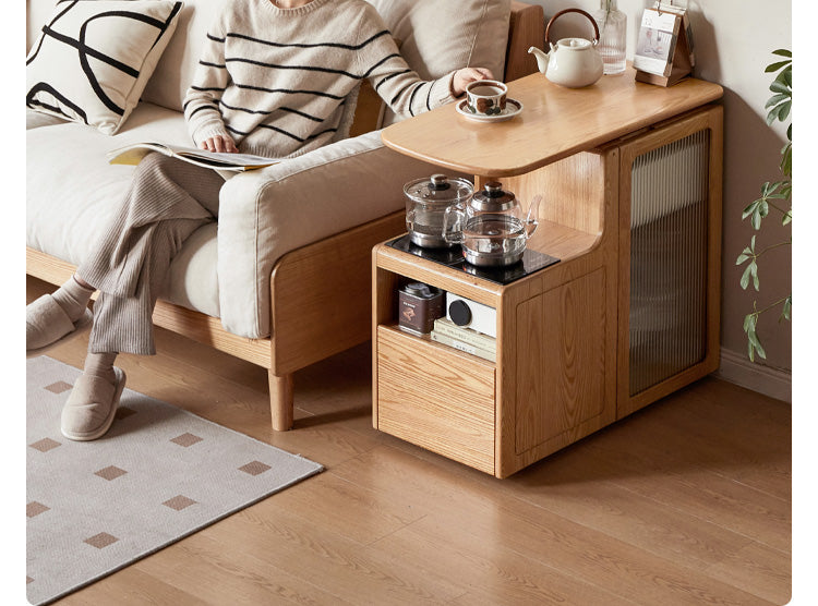 Oak, Black Walnut Solid Wood Movable Tea Cabinet With Tea Maker