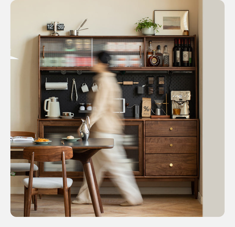 Black Walnut Solid Woof Sideboard Integrated High Cabinet Glass