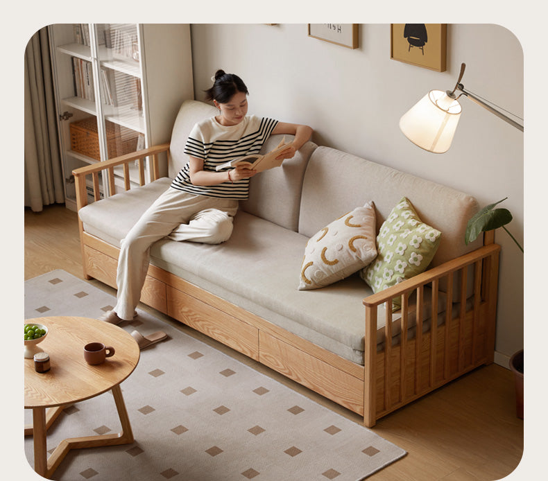Oak Solid Wood Sitting and Sleeping Dual-purpose Storage Sofa.