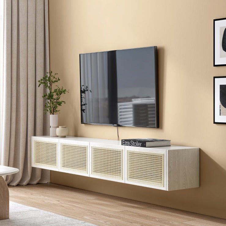 Ash Solid Wood Rattan TV Cabinet Cream Style LED Lights.