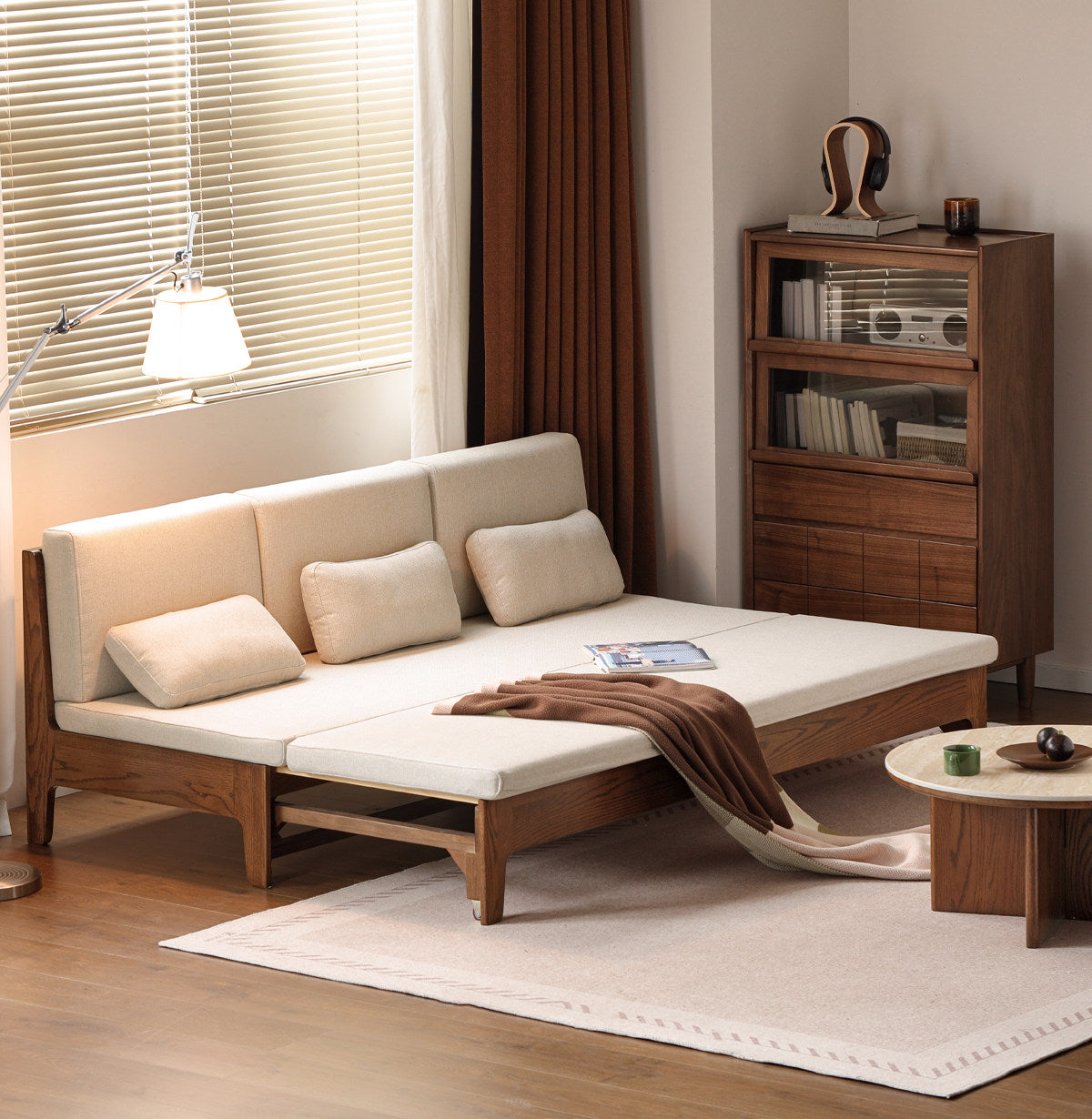 Oak Solid Wood Pull-Out Sofa Bed with Extended Sleeping Platform