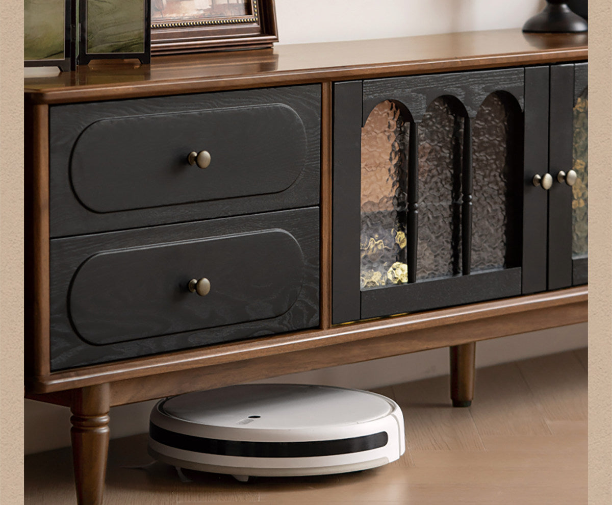 Black Walnut +ash Solid Wood French Country TV Console with Arched Glass Doors