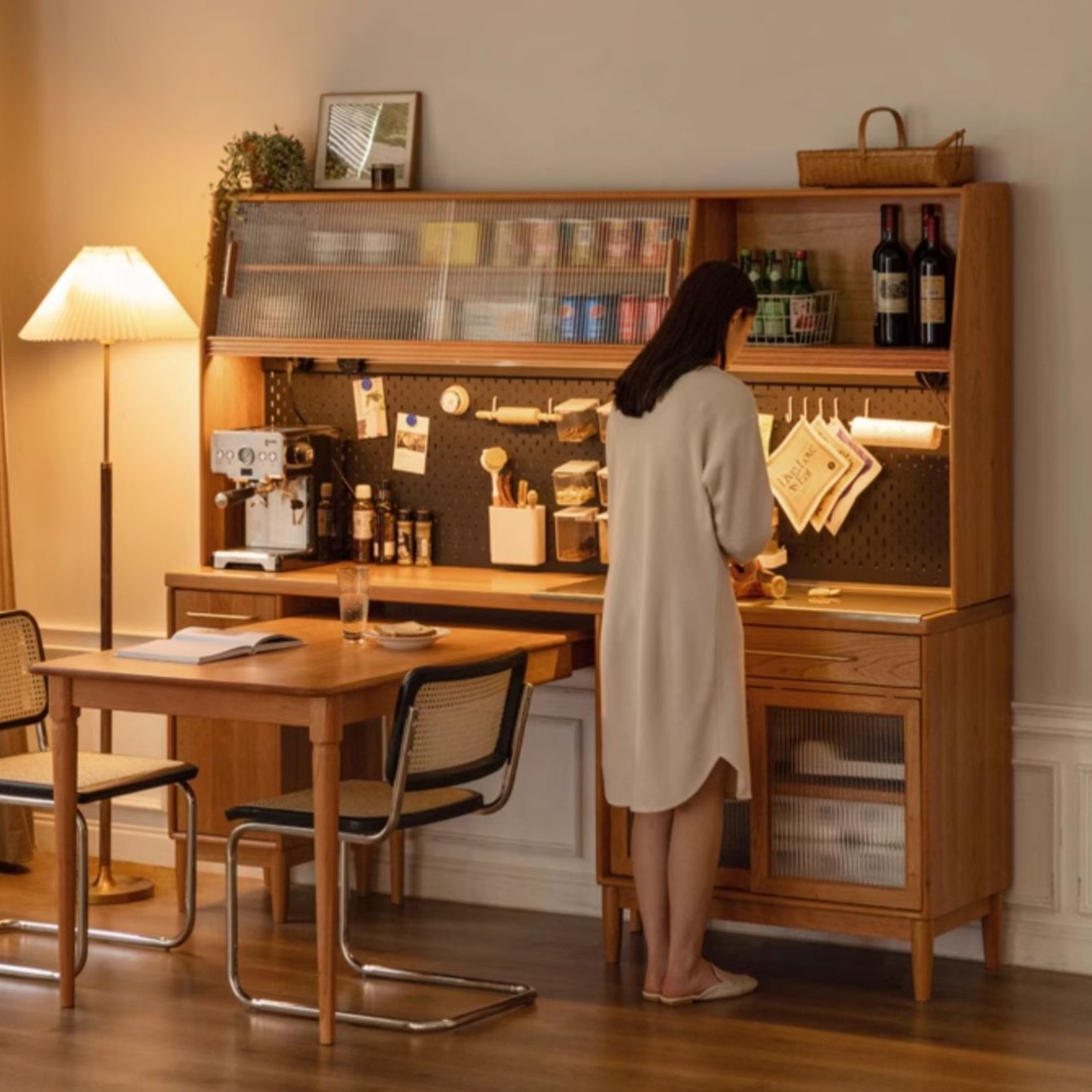 Cherry, Oak Solid Wood, Solid RubberWood Japanese Style Buffet Cabinet