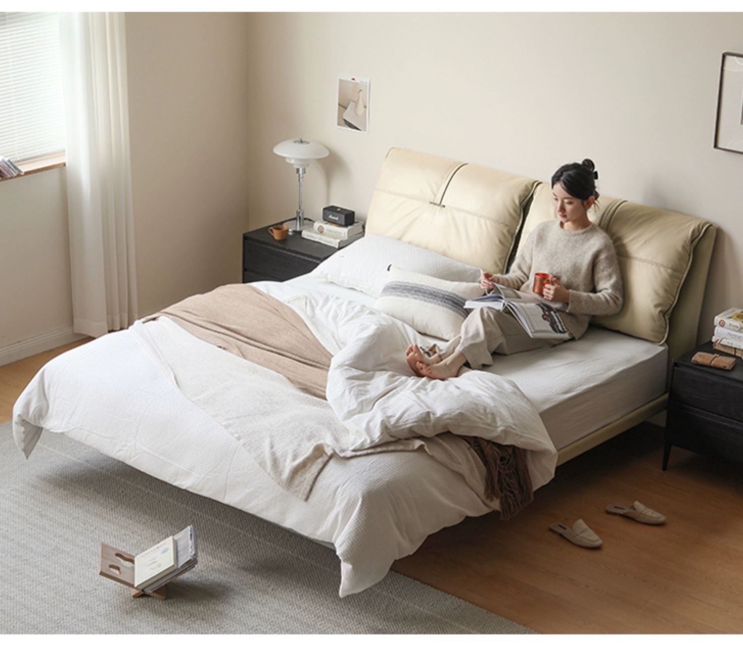 First Layer Cowhide Upholstered Suspension Down Bed Cream Style Elephant Ear Bed