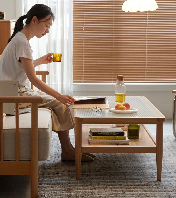 Beech Solid Wood Glass Coffee Table Nordic