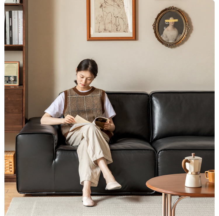 Top-grain Cowhide Leather Black Sofa.