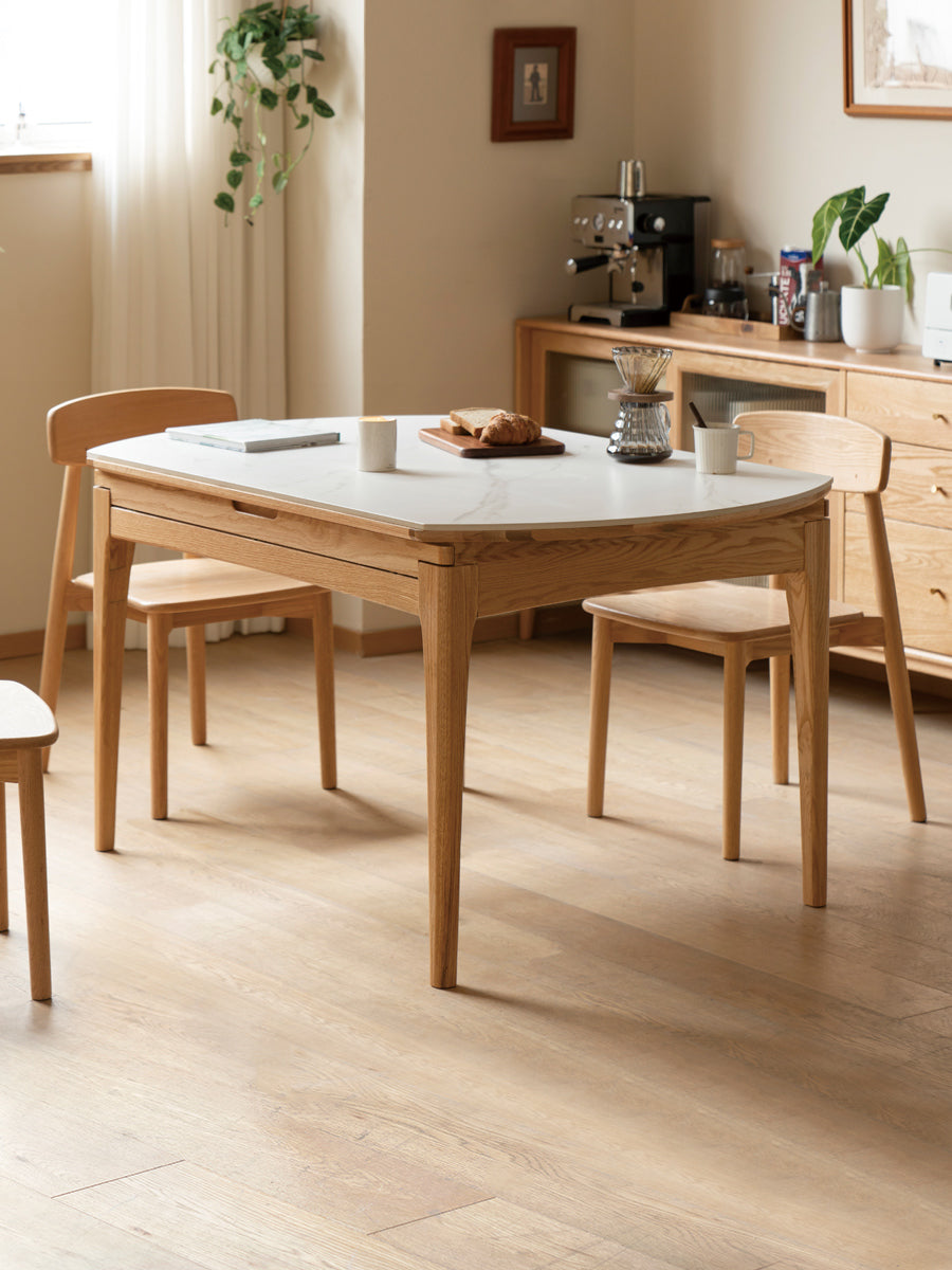 Oak Solid Wood Round Folding Dining Table With Rock Slab Surface